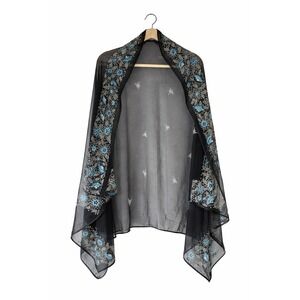 Vintage Artisan 90's Hand-Embroidered Sheer Black Floral Shawl / Open Front Wrap